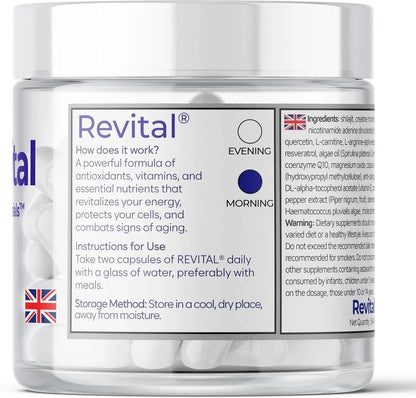 Revital supplement jar with antioxidant, vitamin and nutrient capsules, usage and ingredient info visible
