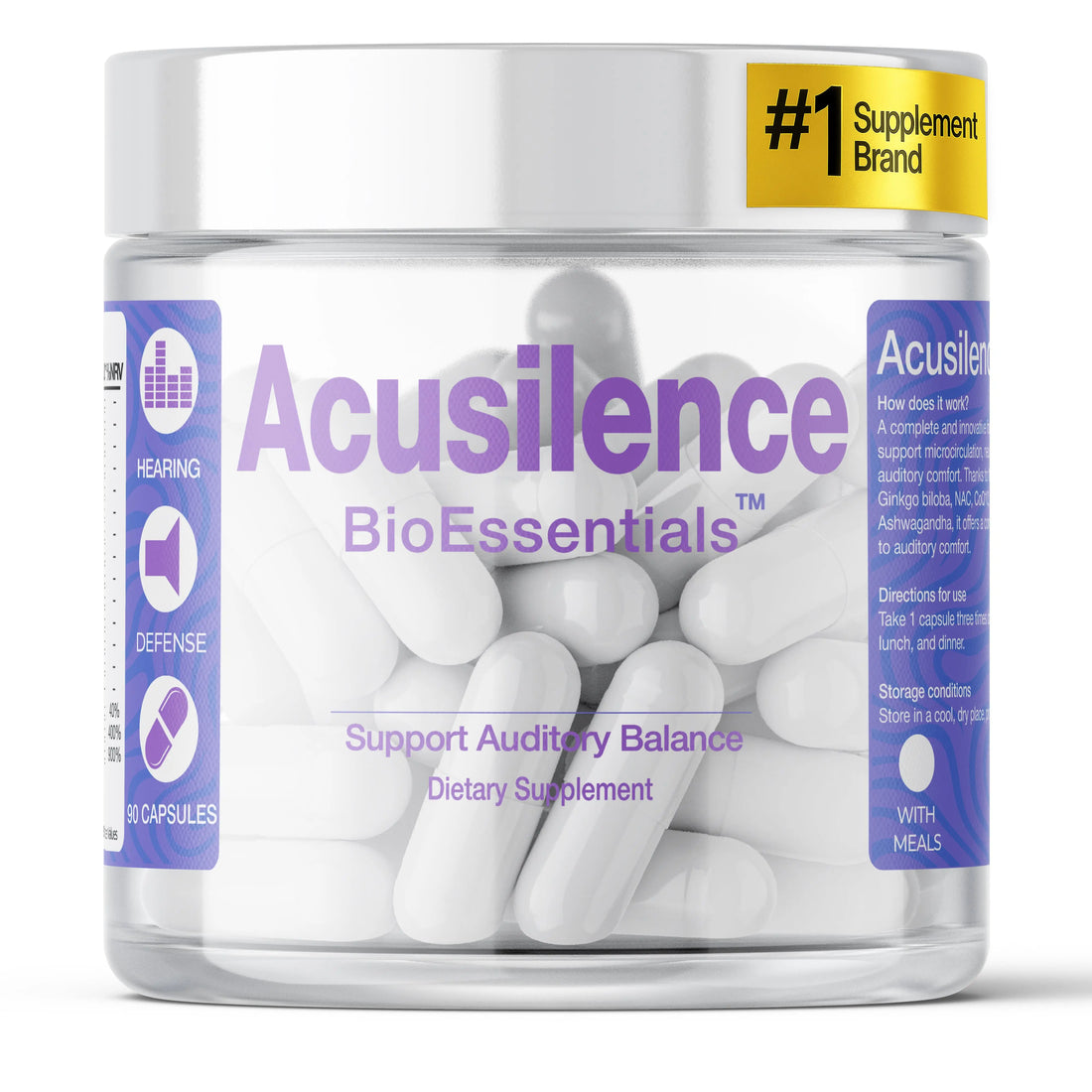 Acusilence dietary supplement bottle, 90 capsules for auditory balance, white capsules in clear jar