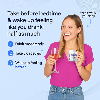 RESTORE® Happy Mornings and Night Recovery – DHM + L-Cysteine Detox &amp; Next-Day Support – Hangover Recovery &amp; Happy Mornings BioEssentials
