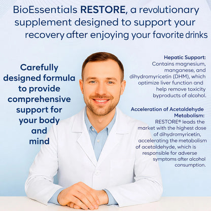 RESTORE® Happy Mornings and Night Recovery – DHM + L-Cysteine Detox &amp; Next-Day Support – Hangover Recovery &amp; Happy Mornings BioEssentials