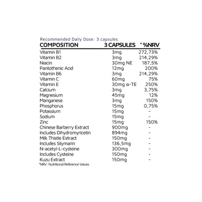 Supplement nutrition facts label listing vitamins, minerals, herbal extracts, and daily values.