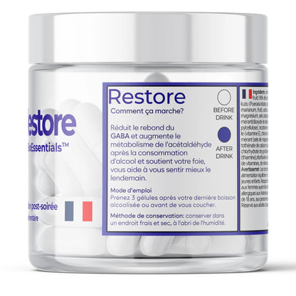RESTORE® Happy Mornings and Night Recovery – DHM + L-Cysteine Detox &amp; Next-Day Support – Hangover Recovery &amp; Happy Mornings BioEssentials