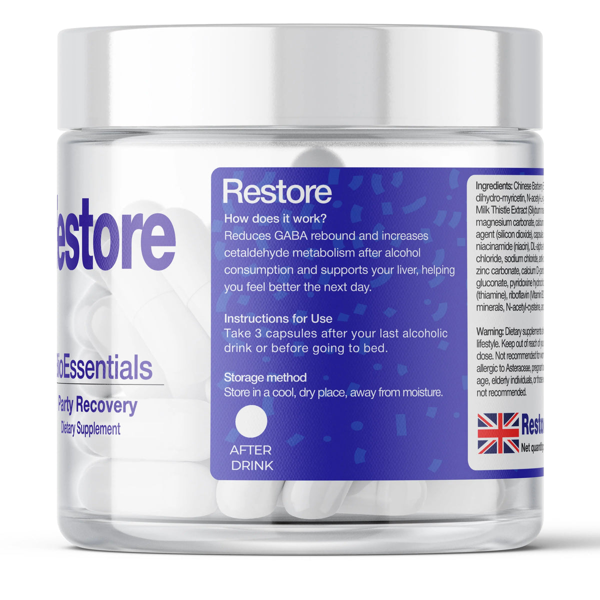 RESTORE® Happy Mornings and Night Recovery – DHM + L-Cysteine Detox &amp; Next-Day Support – Hangover Recovery &amp; Happy Mornings BioEssentials