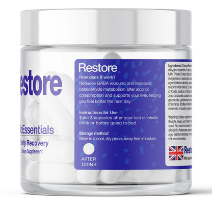 RESTORE® Happy Mornings and Night Recovery – DHM + L-Cysteine Detox &amp; Next-Day Support – Hangover Recovery &amp; Happy Mornings BioEssentials