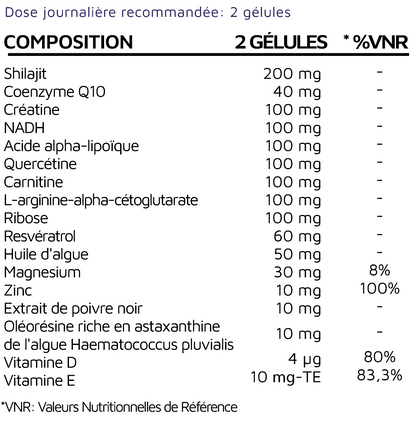 Supplement nutrition facts label in French, listing vitamins, minerals, herbal extracts, and dosages per 2 capsules.
