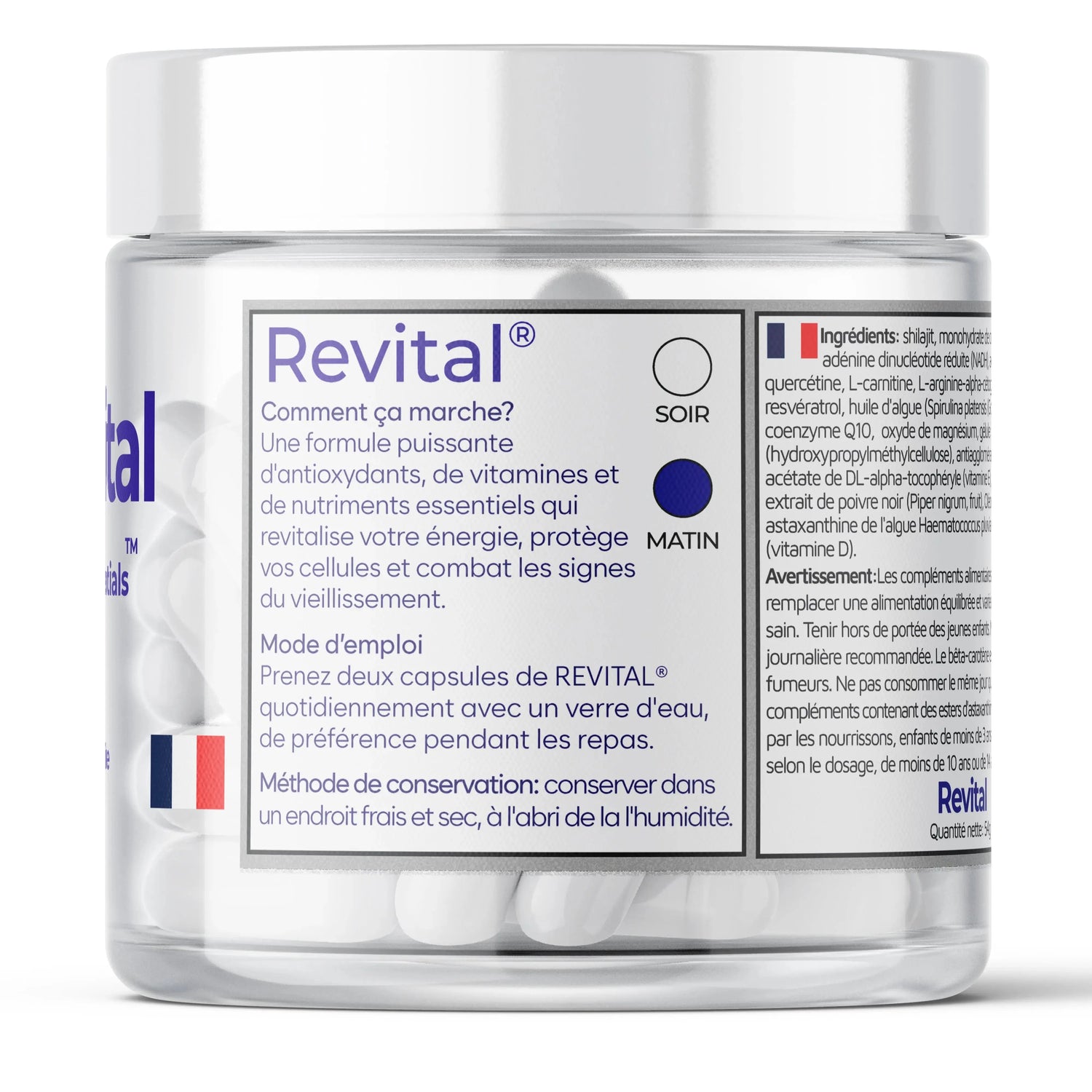 Clear jar of Revital capsules, supplement with antioxidants, vitamins, nutrients in French packaging