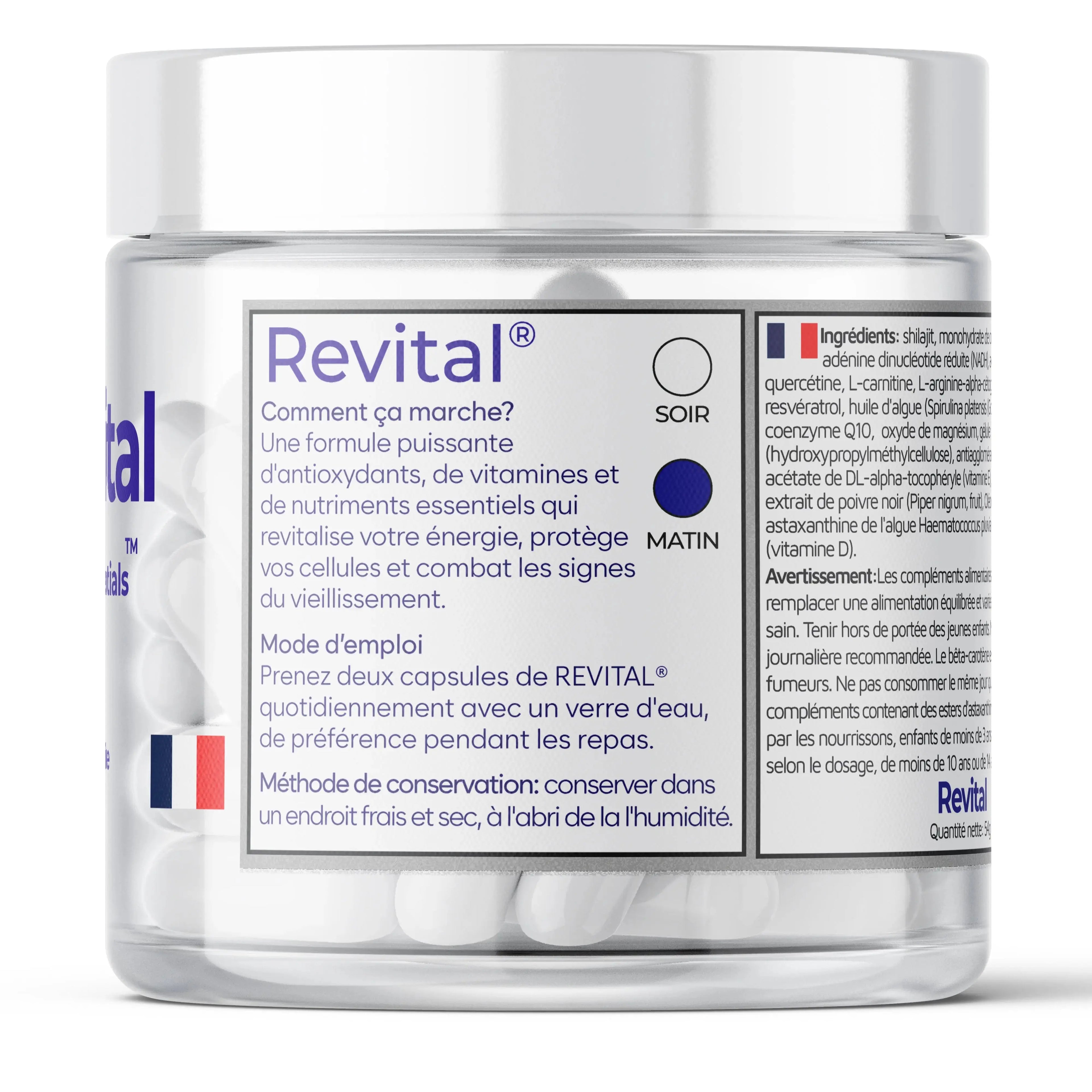 Clear jar of Revital capsules, supplement with antioxidants, vitamins, nutrients in French packaging