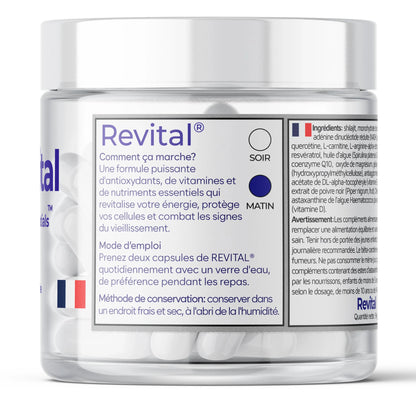 Clear jar of Revital capsules, supplement with antioxidants, vitamins, nutrients in French packaging