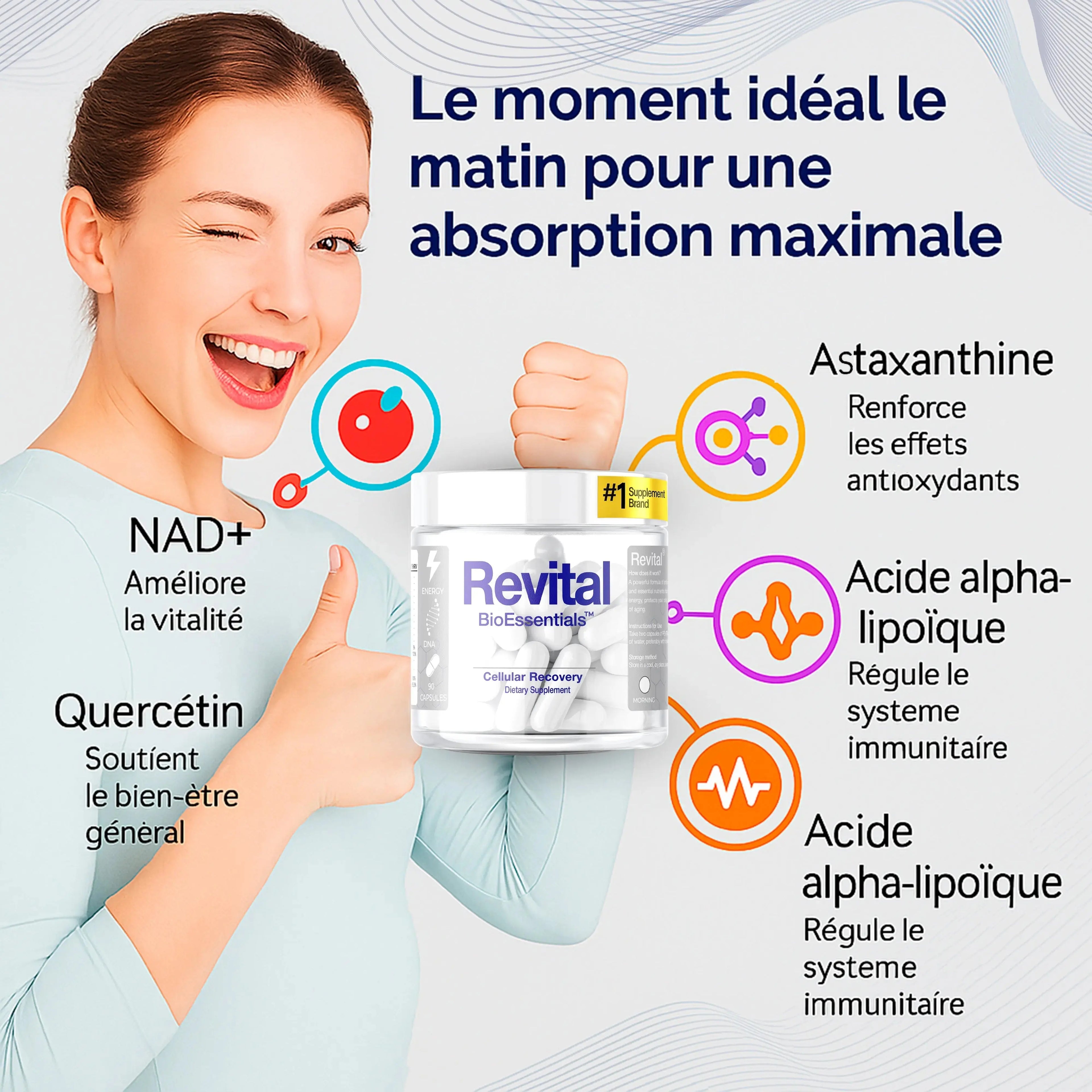 Woman smiling with thumbs up next to Revital supplement, highlighting morning absorption and key ingredients like NAD+, quercetin, astaxanthin, and alpha-lipoic acid.