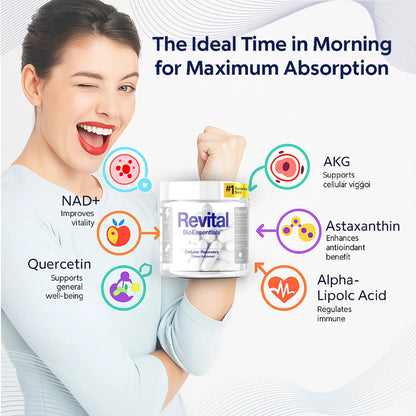 Woman winking, holding Revital BioEssentials supplement with morning wellness benefit icons
