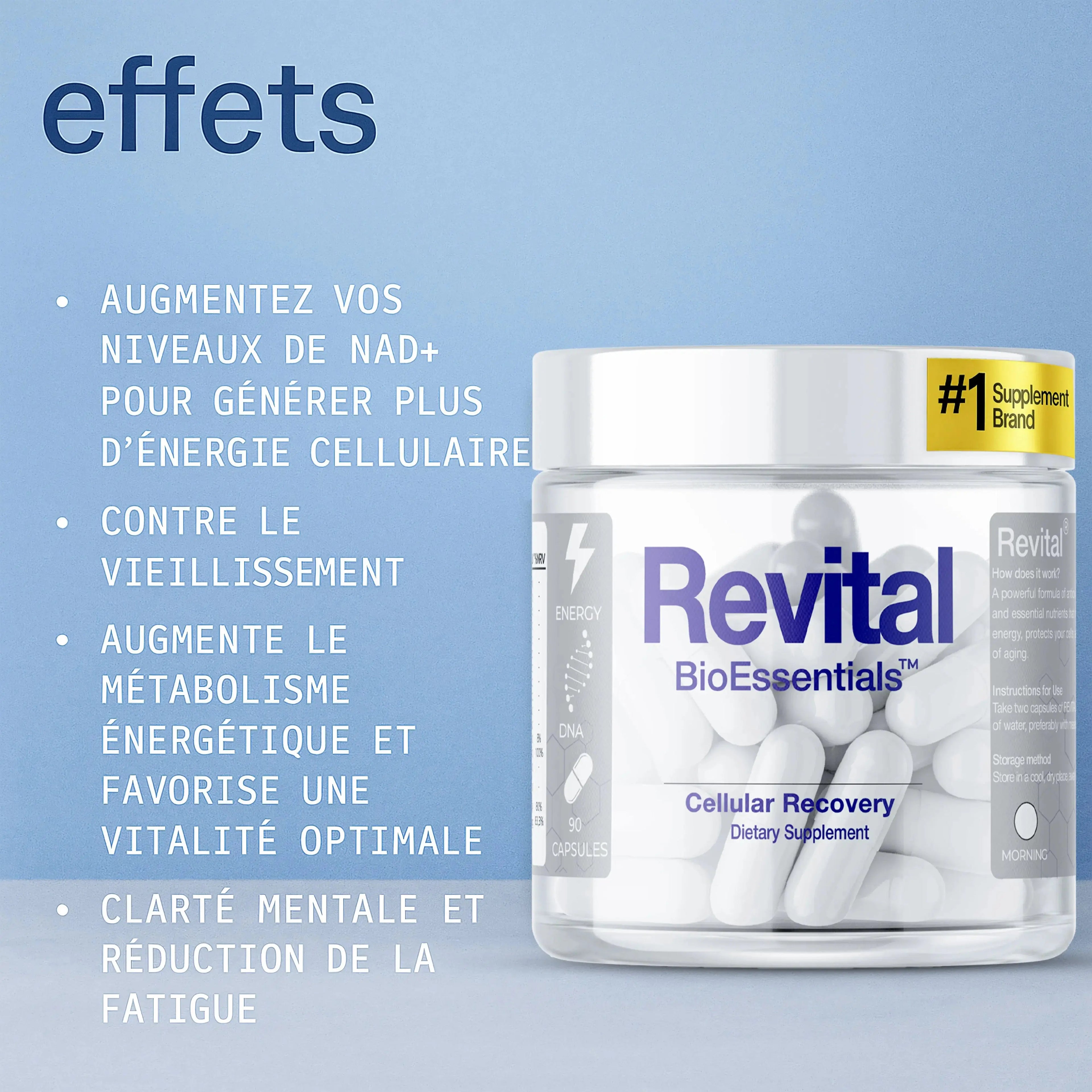Revital BioEssentials cellular recovery supplement bottle with white capsules, blue background, and French wellness benefits.