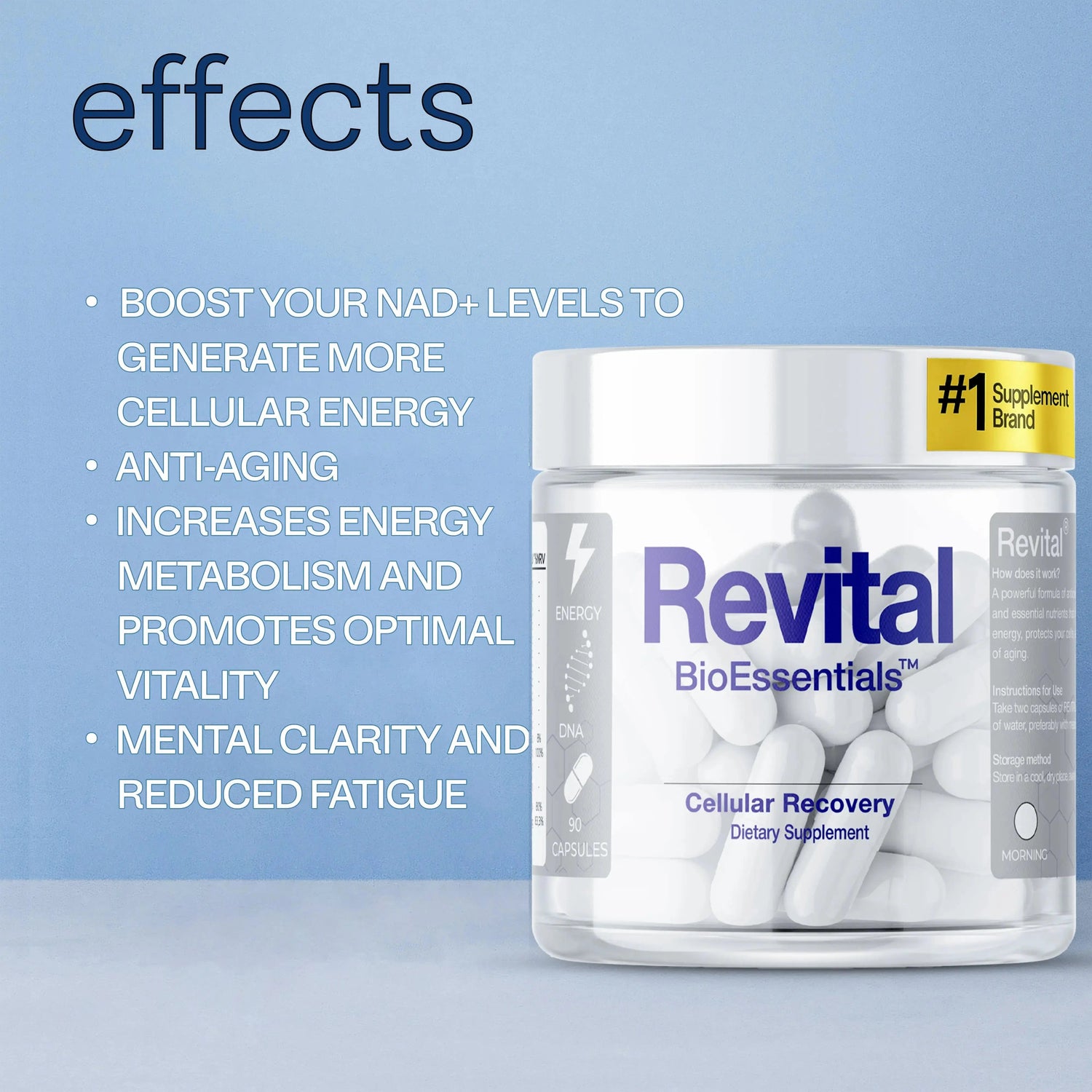 Revital Cellular Recovery supplement bottle with white capsules, effects listed for energy, metabolism, clarity.