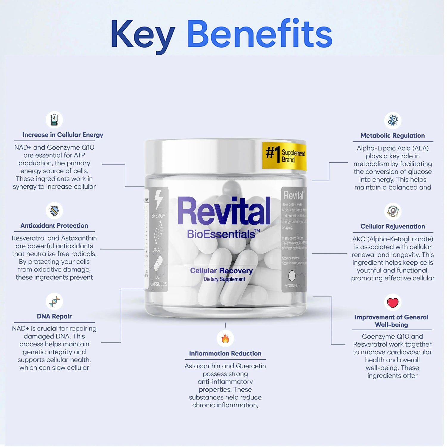Revital BioEssentials Cellular Recovery supplement bottle with key benefits for energy, antioxidant protection, metabolism, DNA repair, cellular rejuvenation, and well-being.