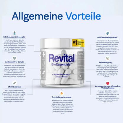 REVITAL® NAD+ Complex – Resveratrol • Shilajit • Magnesium &amp; Vitamins – Supports Cellular Well-Being, Antioxidant Balance &amp; Daily Energy for Men &amp; Women BioEssentials
