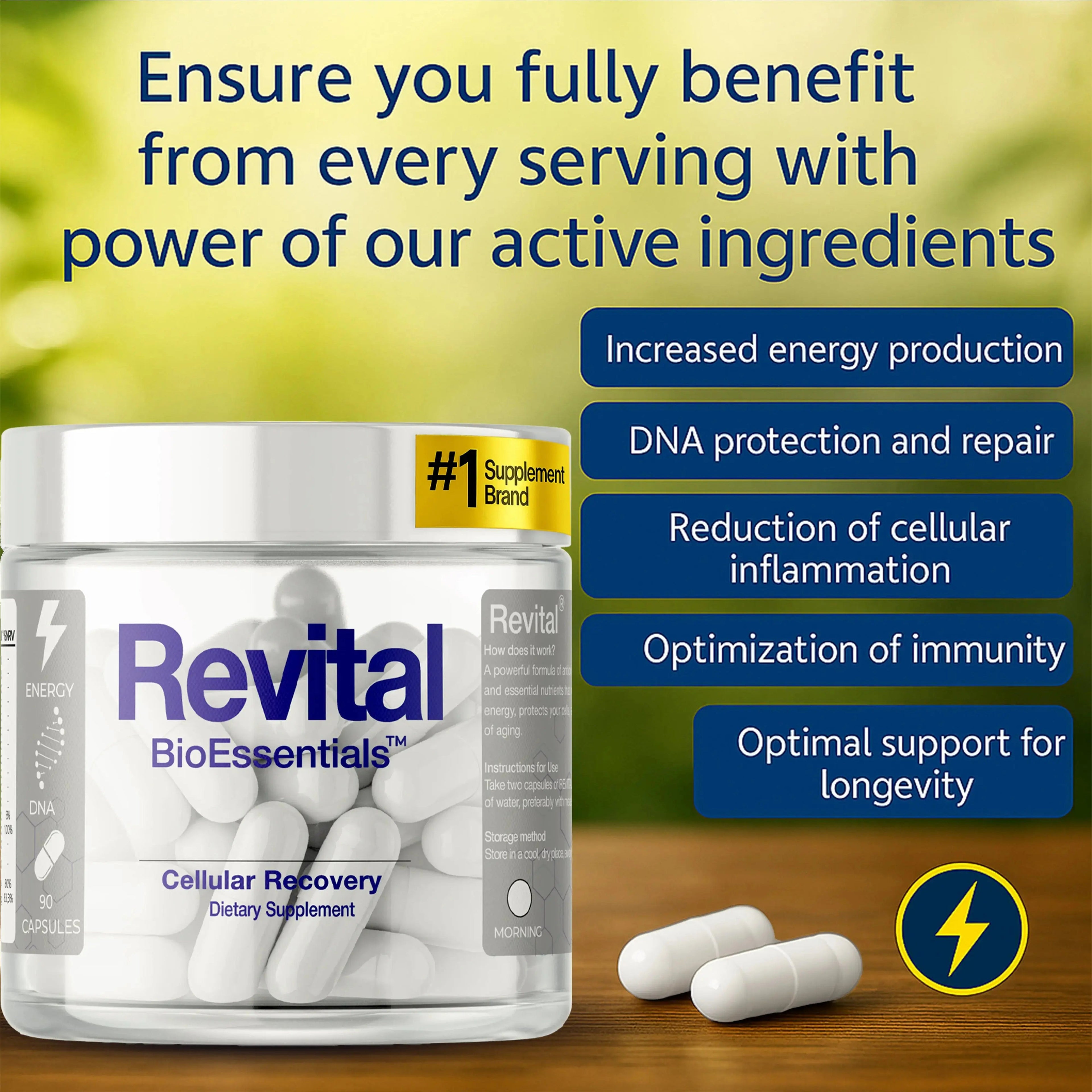 Revital BioEssentials Cellular Recovery supplement bottle with capsules and wellness benefit highlights