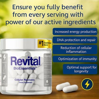 Revital BioEssentials Cellular Recovery supplement bottle with capsules and wellness benefit highlights