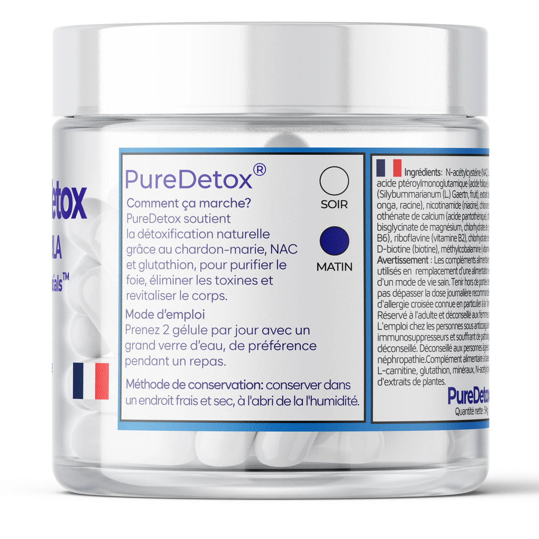 PureDetox liver support supplement bottle with French label and detox ingredients list