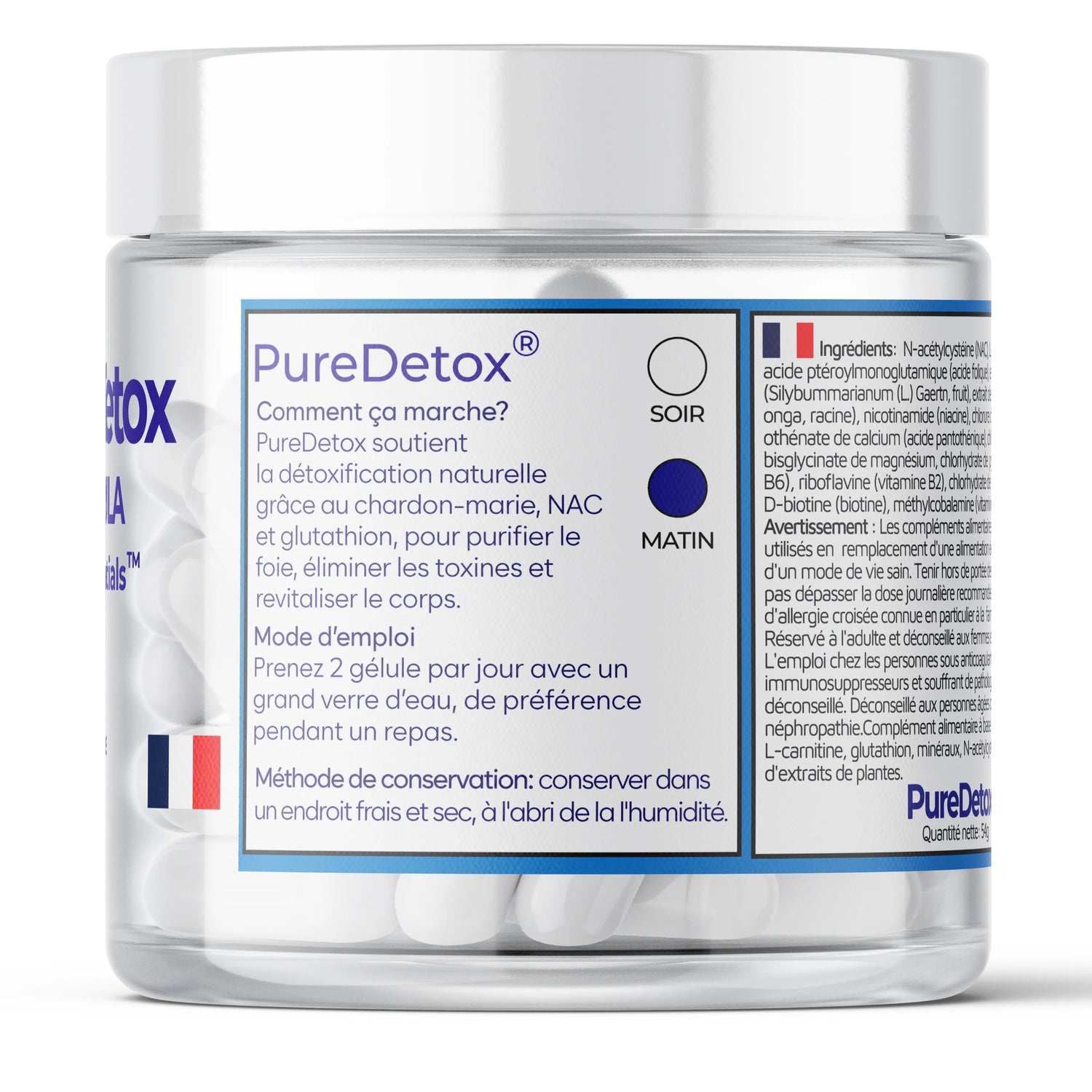 PureDetox liver support supplement bottle with French label and detox ingredients list