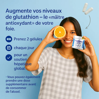 Woman holding PureDetox liver support supplement and orange half, with French wellness text.