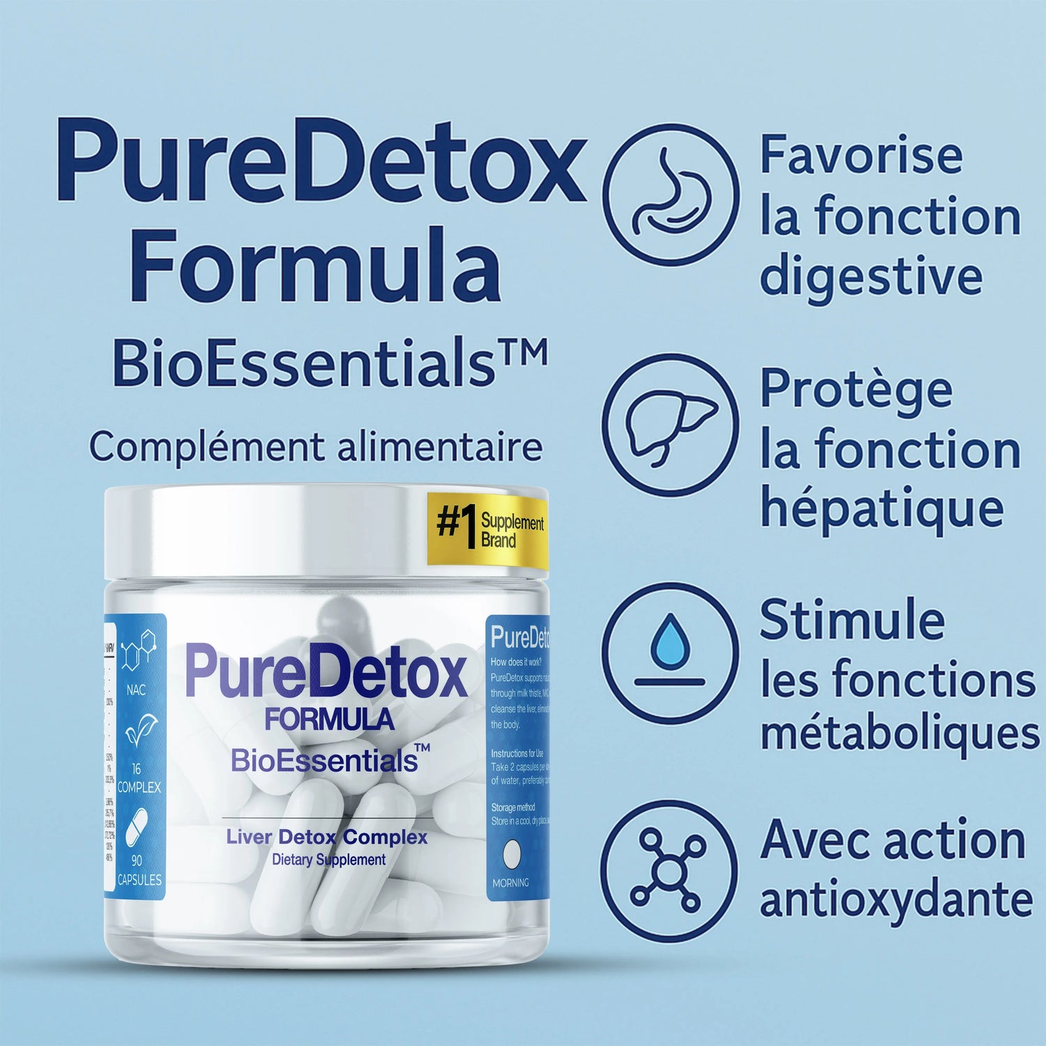 PureDetox Formula dietary supplement bottle for liver detox, with benefits listed in French text.