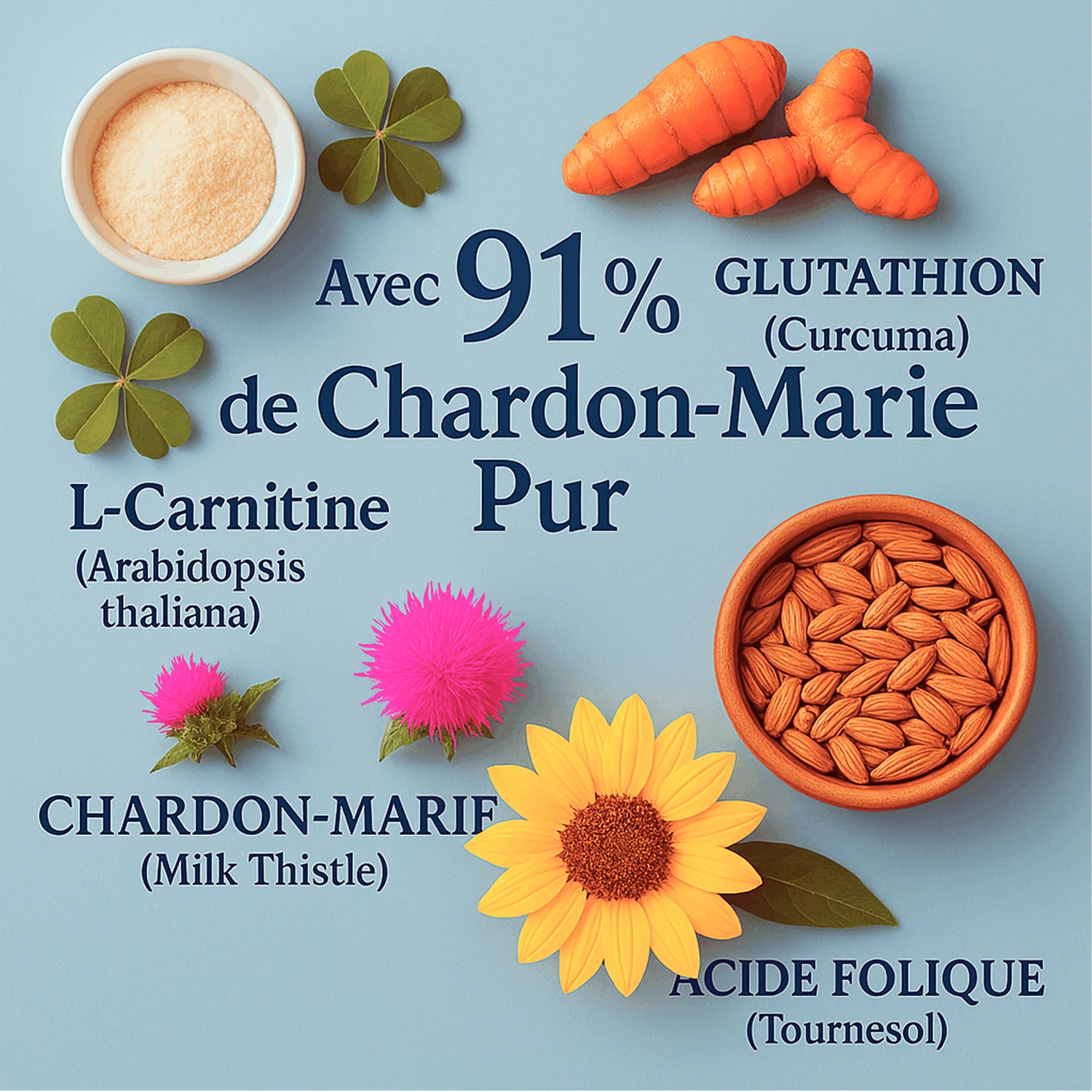 Supplements ingredients including turmeric, almonds, powder, milk thistle flower, sunflower on blue.