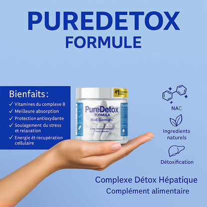 PureDetox Formula liver detox supplement bottle on hand with benefits and natural ingredients