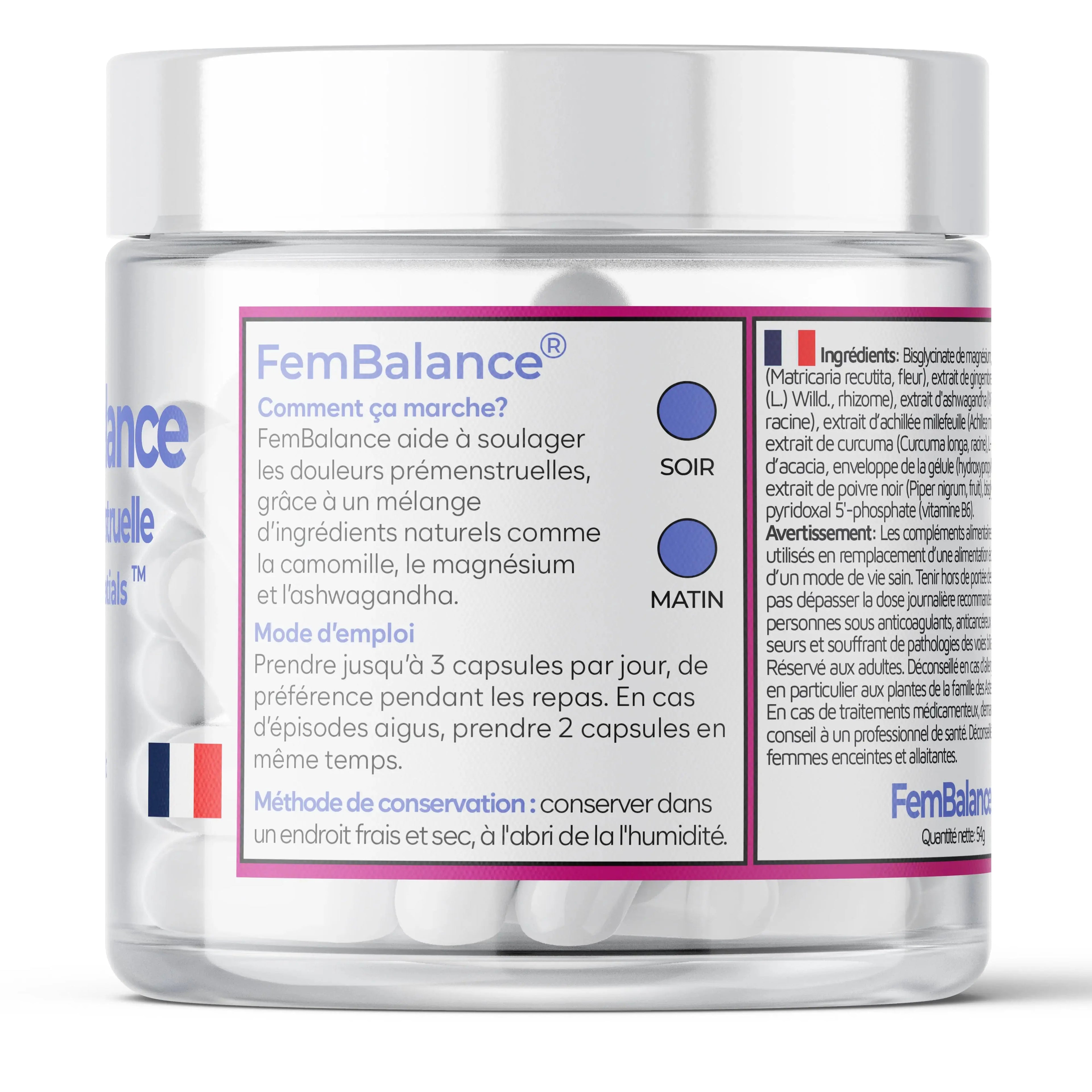 FemBalance supplement jar with white capsules and French label for premenstrual support