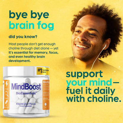 MindBoost cognitive supplement bottle promoting memory, focus, and brain health with choline, smiling person on yellow background.