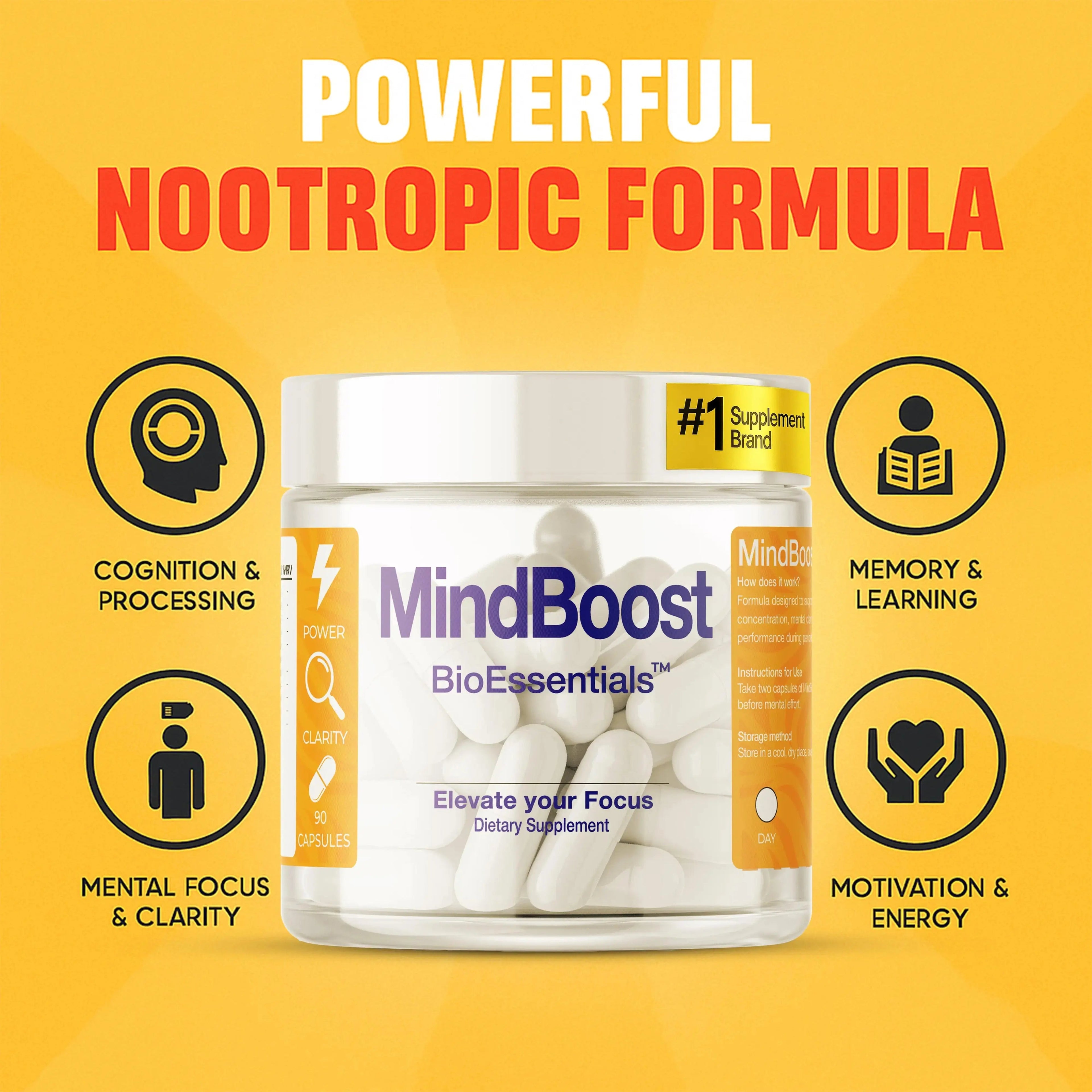 MindBoost nootropic supplement for cognition, memory, focus, motivation, and mental clarity.