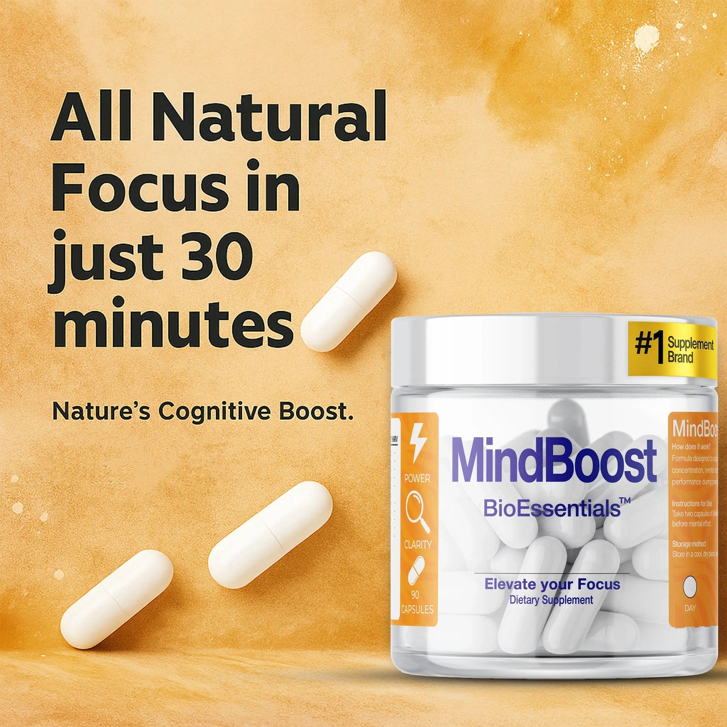 MindBoost cognitive supplement jar and capsules on orange background with focus benefits text