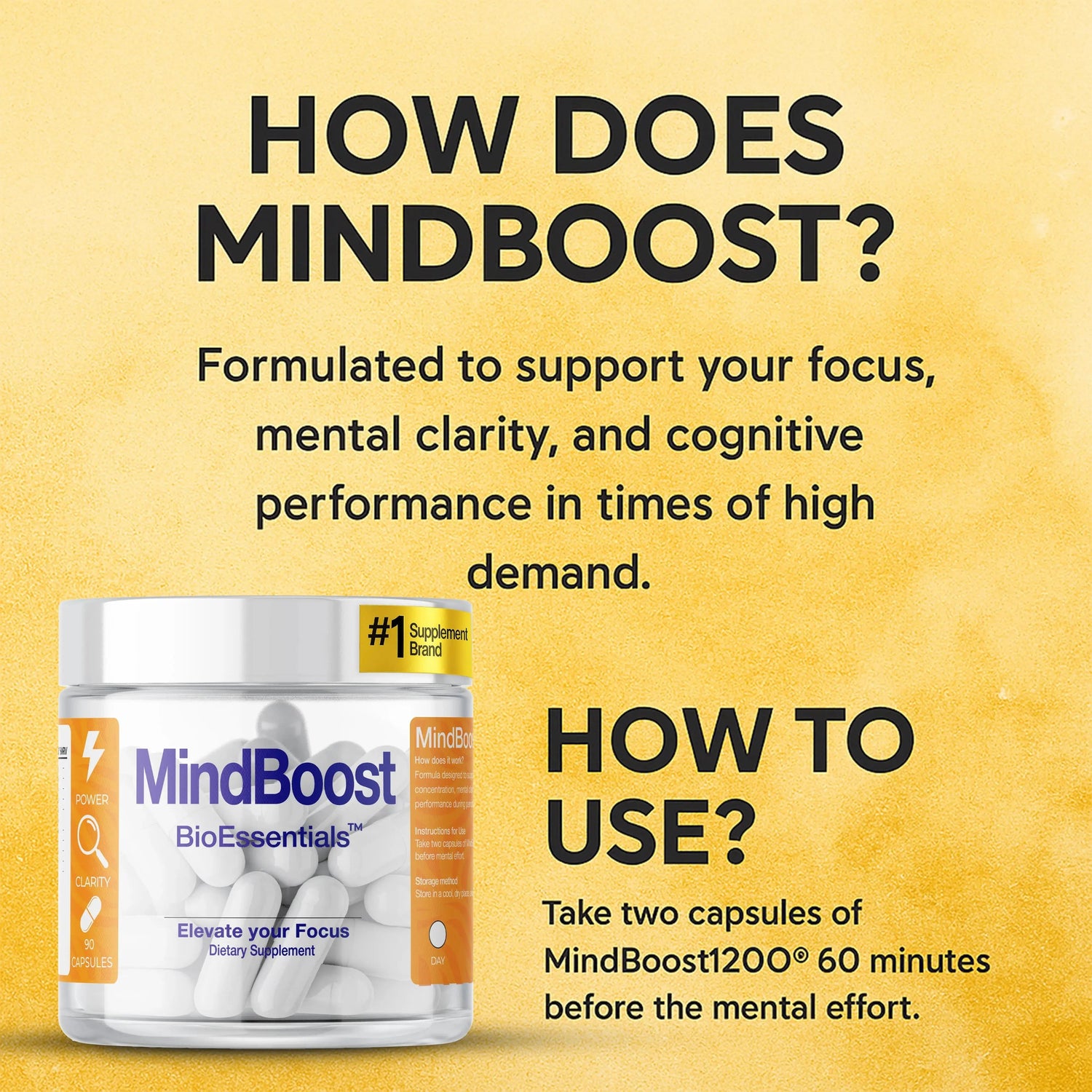 MindBoost cognitive support supplement bottle on yellow background with dosage instructions and benefits for focus, mental clarity, and cognitive performance.