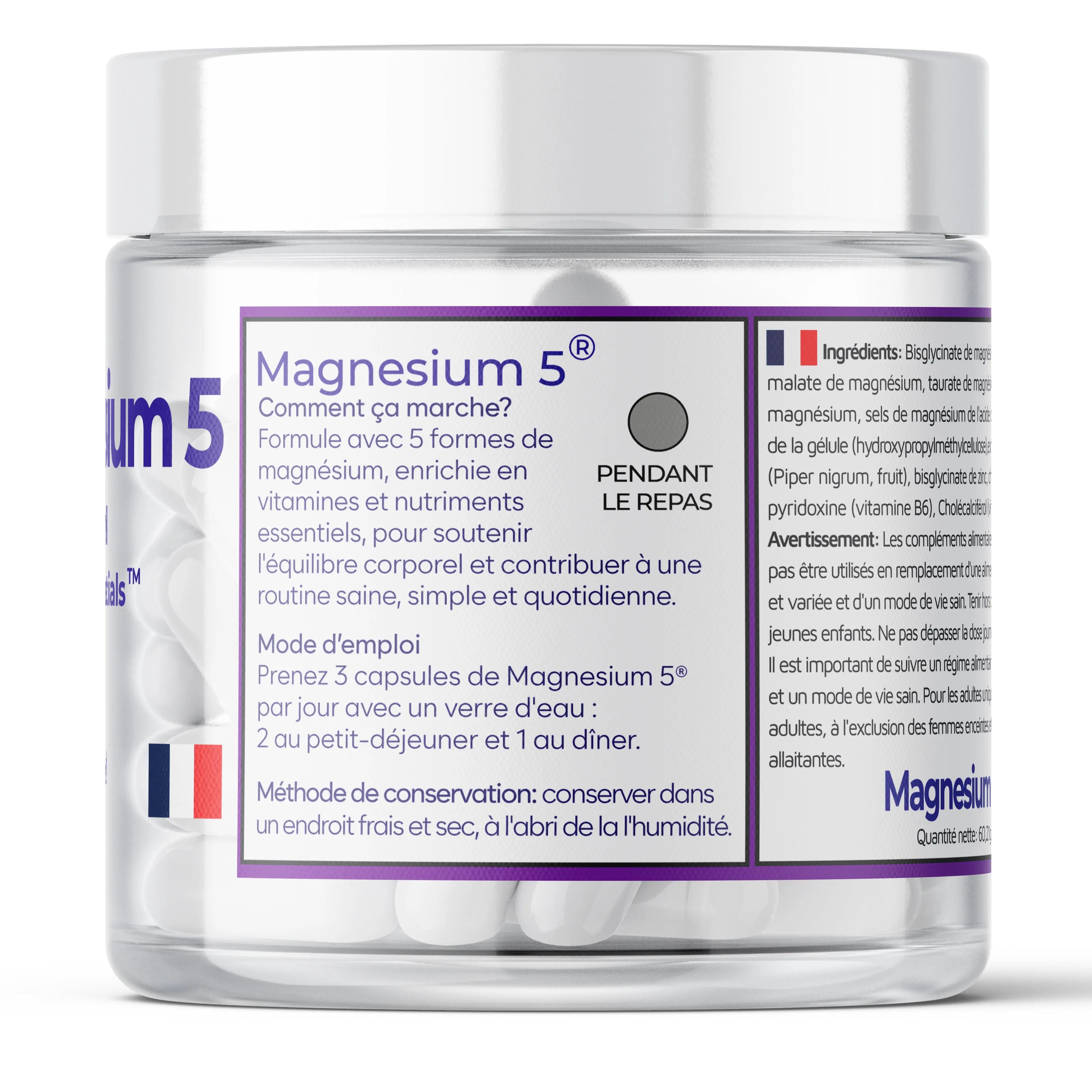 Magnesium 5 supplement capsules in clear jar with French label for daily wellness support