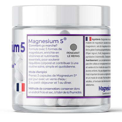 Magnesium 5 supplement capsules in clear jar with French label for daily wellness support