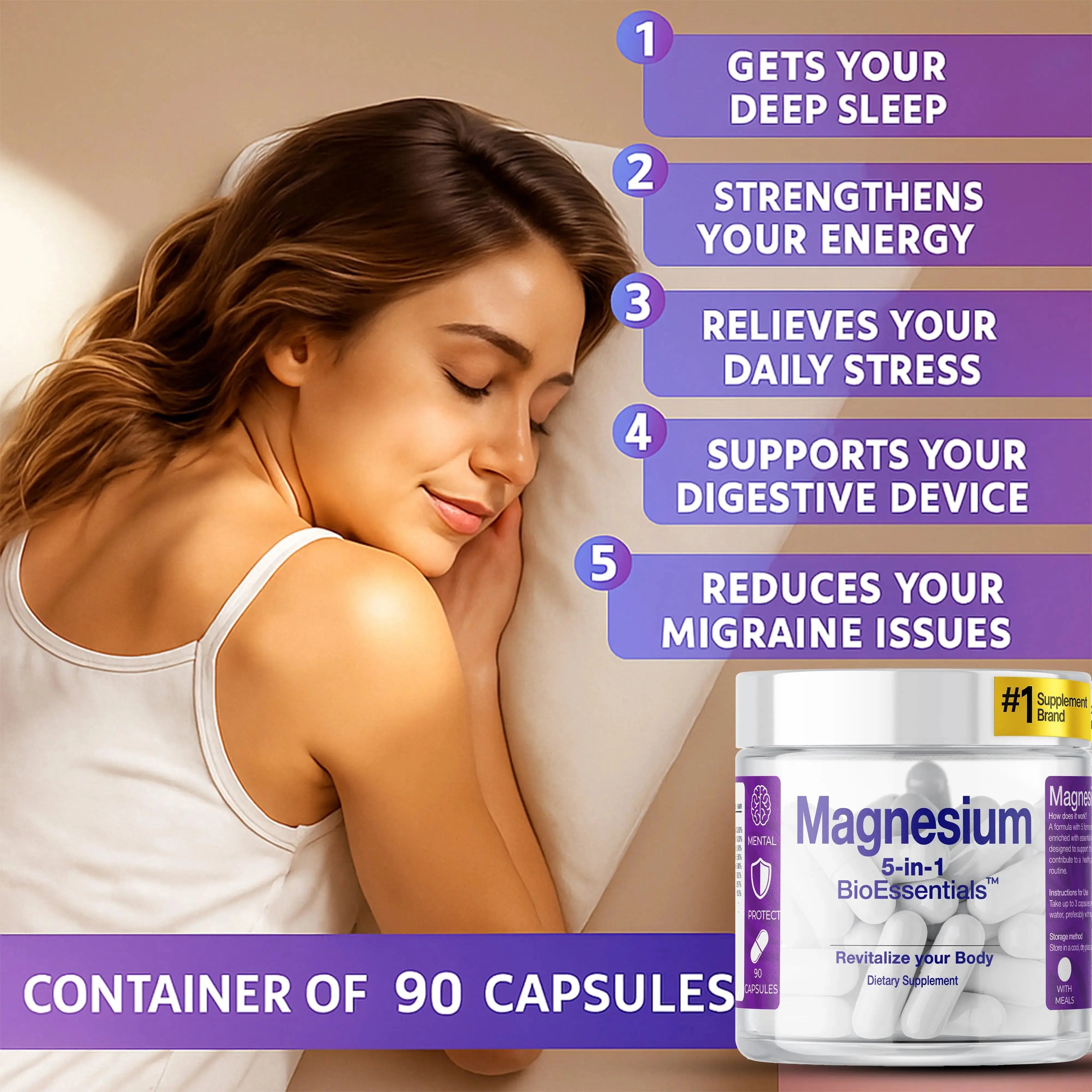 Woman sleeping peacefully next to Magnesium 5-in-1 supplement bottle, benefits listed, 90 capsules