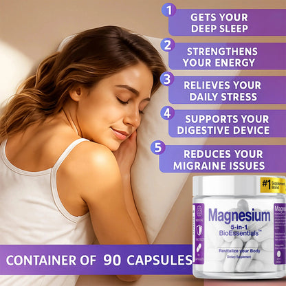 Woman sleeping peacefully next to Magnesium 5-in-1 supplement bottle, benefits listed, 90 capsules