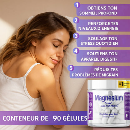 Woman sleeping peacefully beside a bottle of magnesium capsules, supplement benefits listed in French.