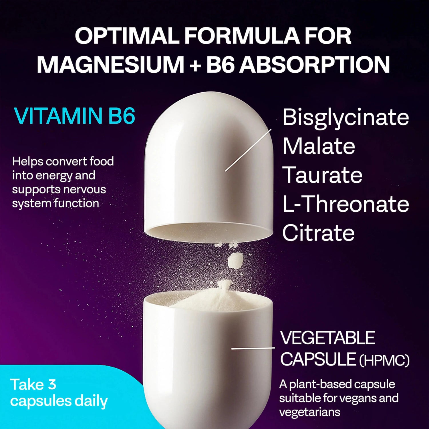 Magnesium and B6 supplement capsule with powder, showing vegan formula and absorption benefits