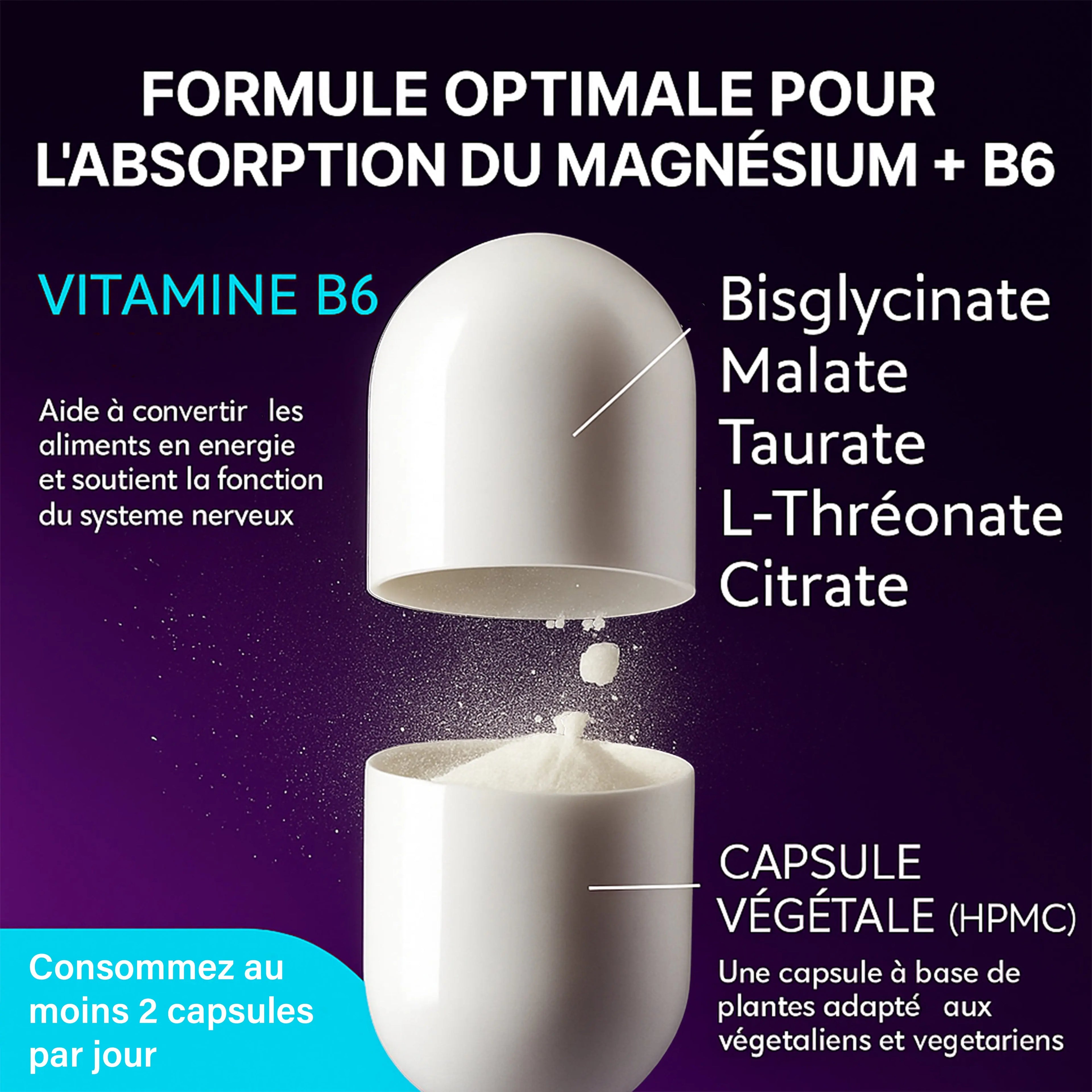 Open white magnesium and vitamin B6 supplement capsule showing powder on dark background, plant-based ingredients highlighted.