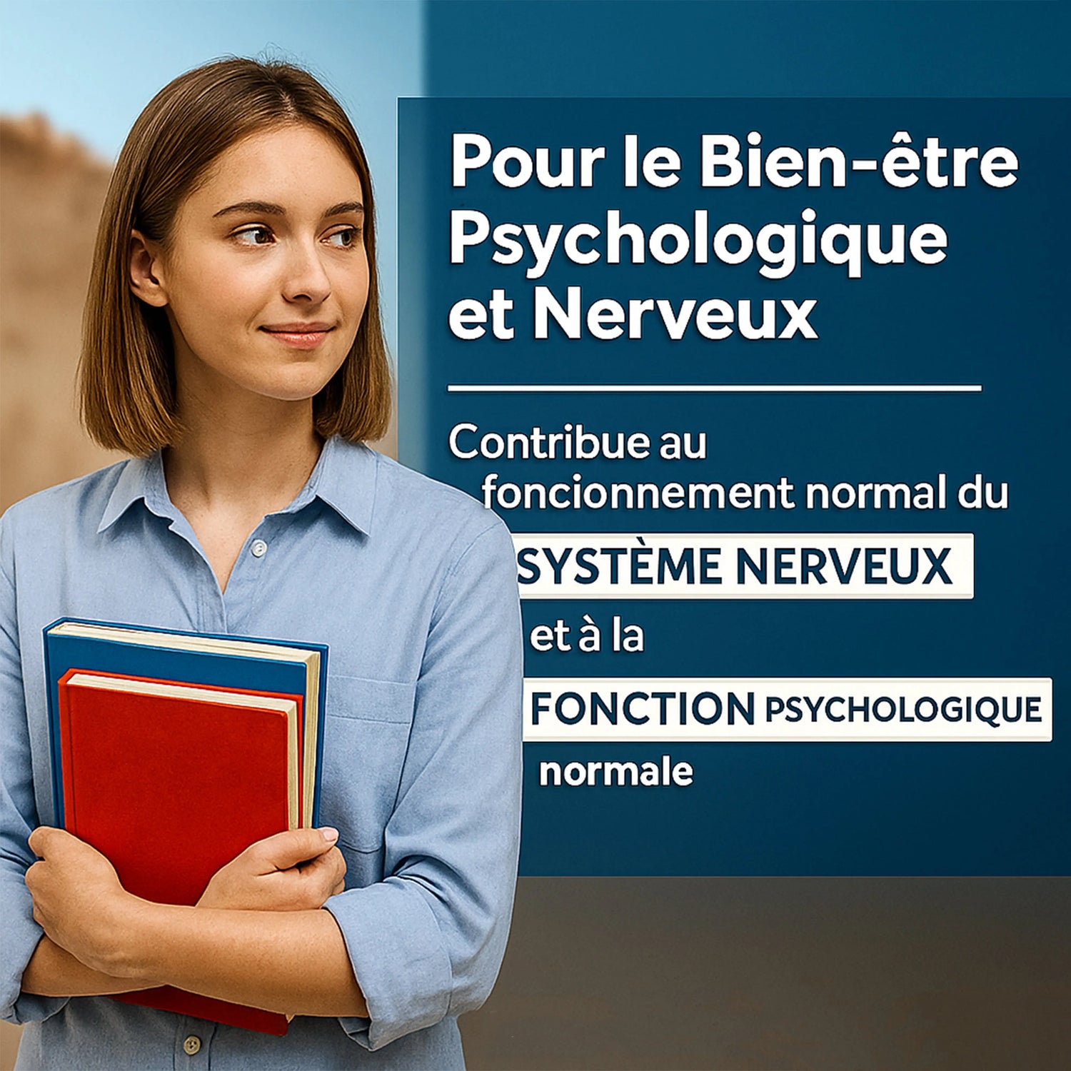 Smiling woman holding books, text promotes psychological and nervous system wellness support.