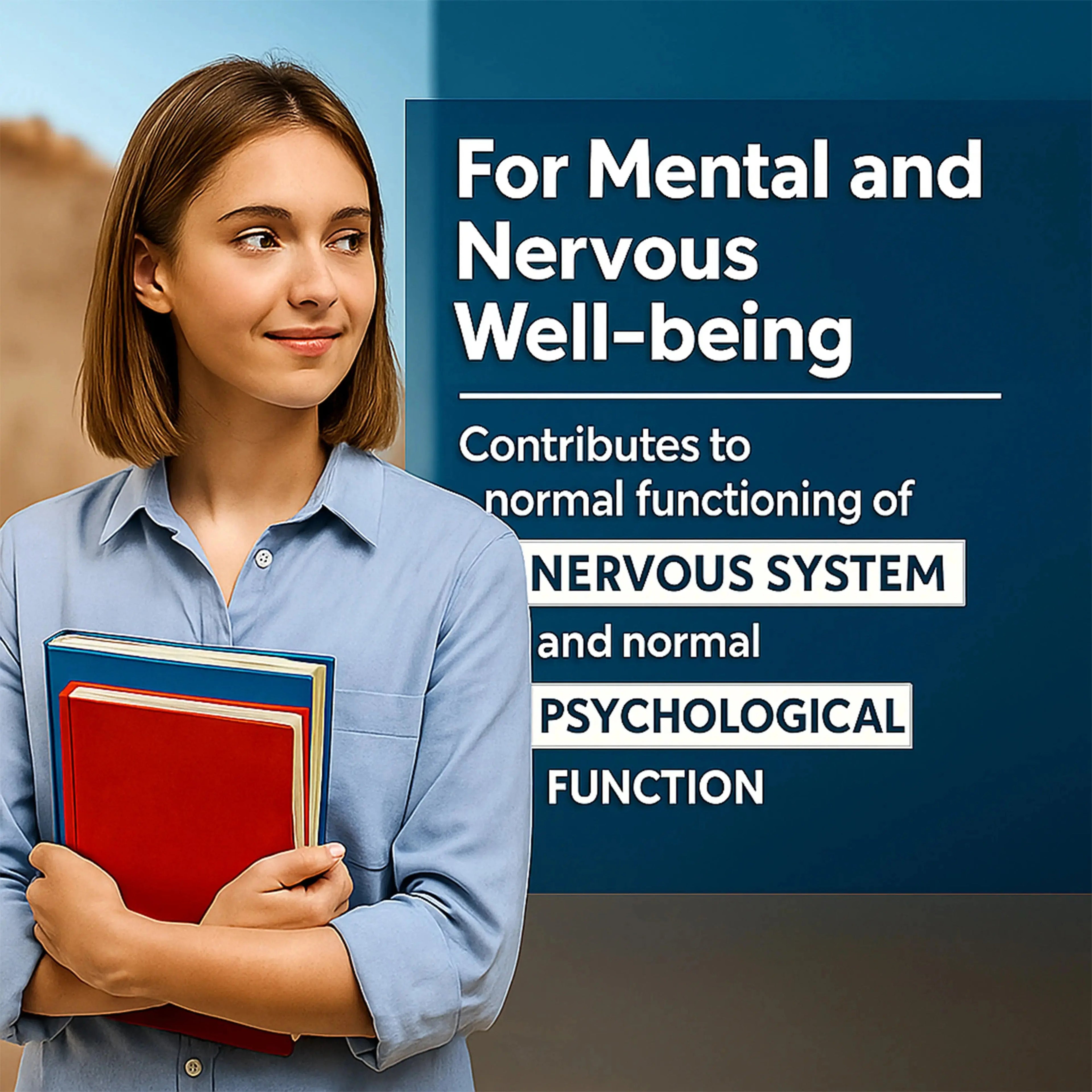Young woman holding books, with text promoting mental and nervous system wellness supplements.
