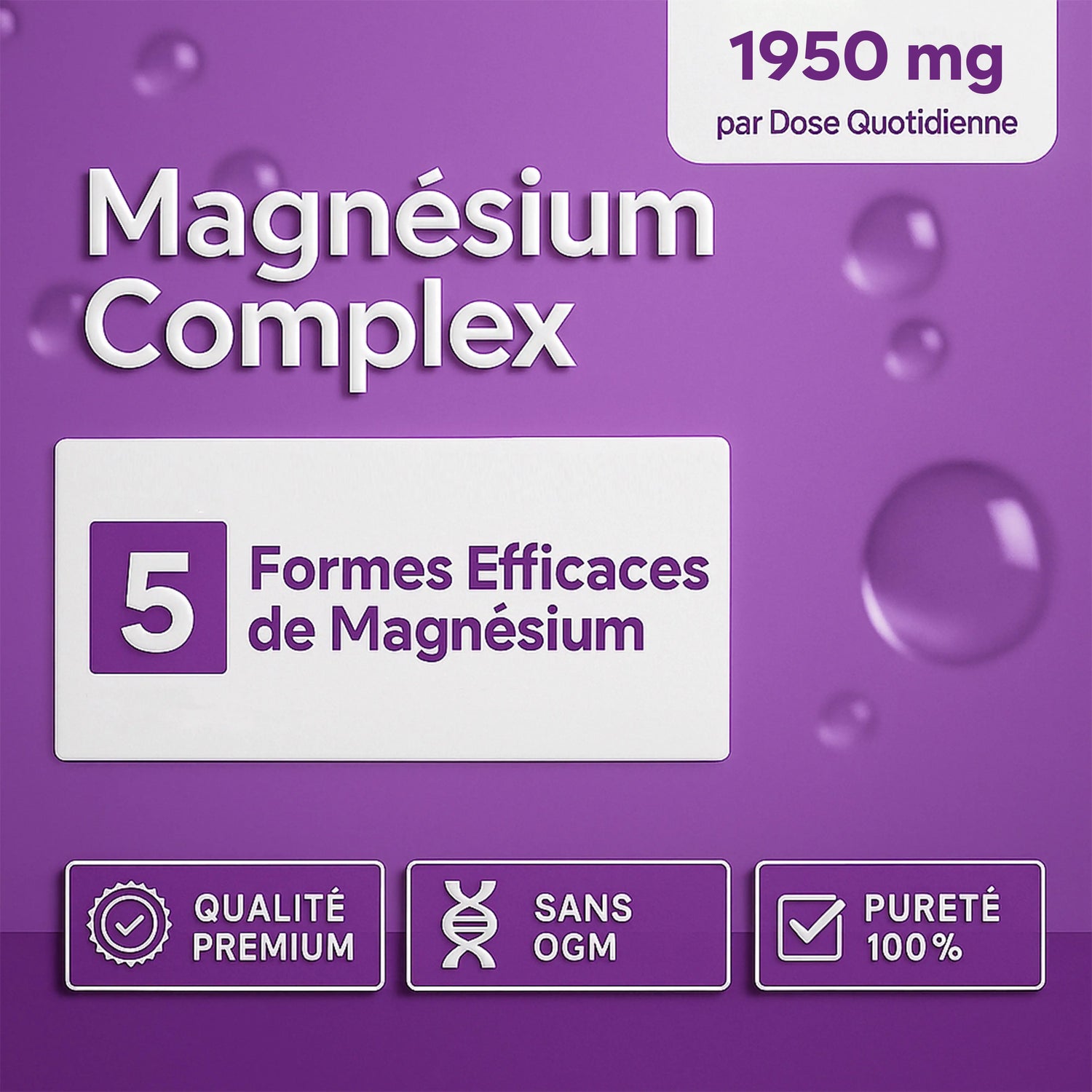 Magnesium Complex supplement box, 1950 mg daily dose, five magnesium forms, premium quality, non-GMO, 100% purity, on a purple background.