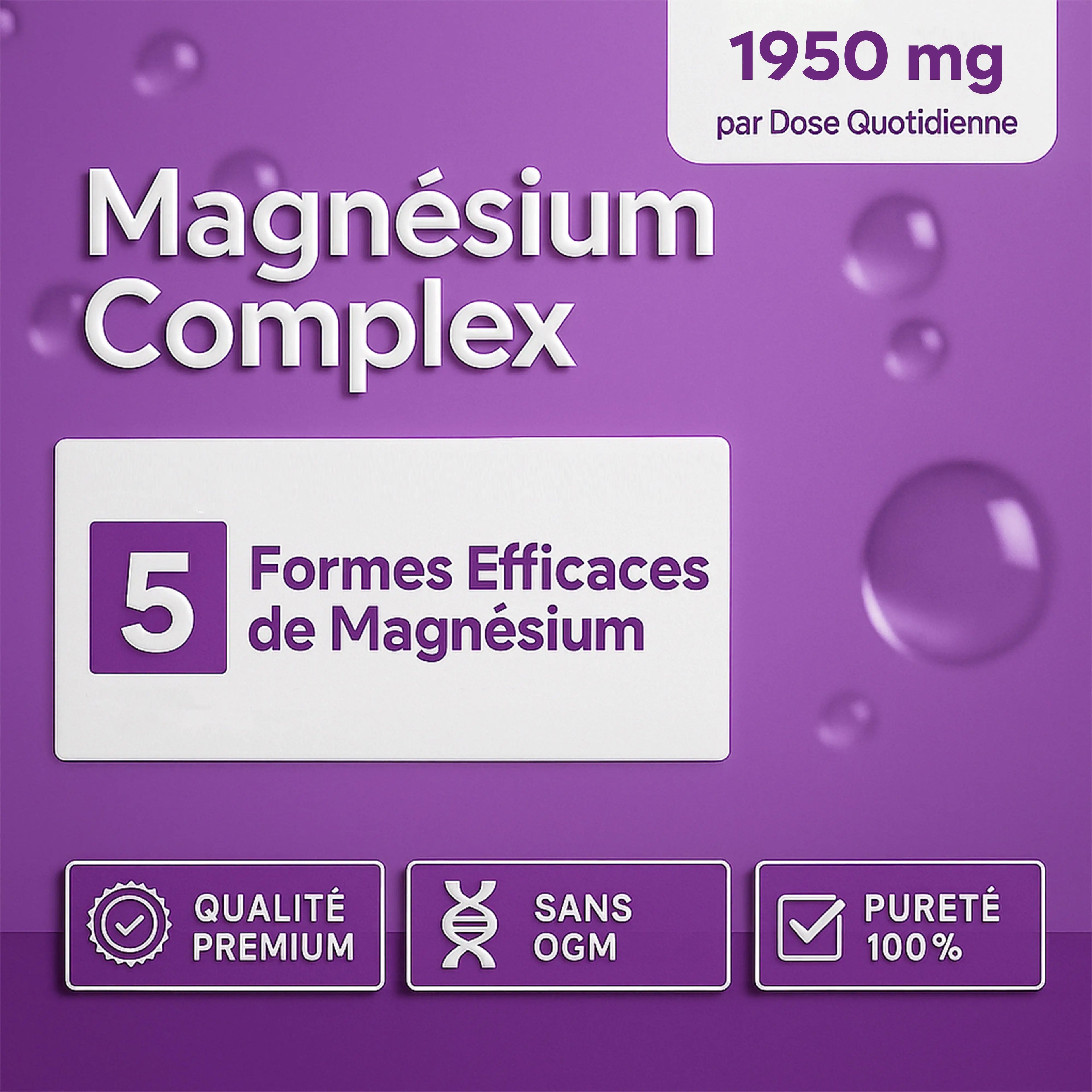 Magnesium Complex supplement box, 1950 mg daily dose, five magnesium forms, premium quality, non-GMO, 100% purity, on a purple background.