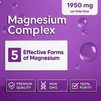 Magnesium Complex supplement box highlighting 5 forms of magnesium, 1950mg dose, premium quality, non-GMO, and 100% purity on a purple background.
