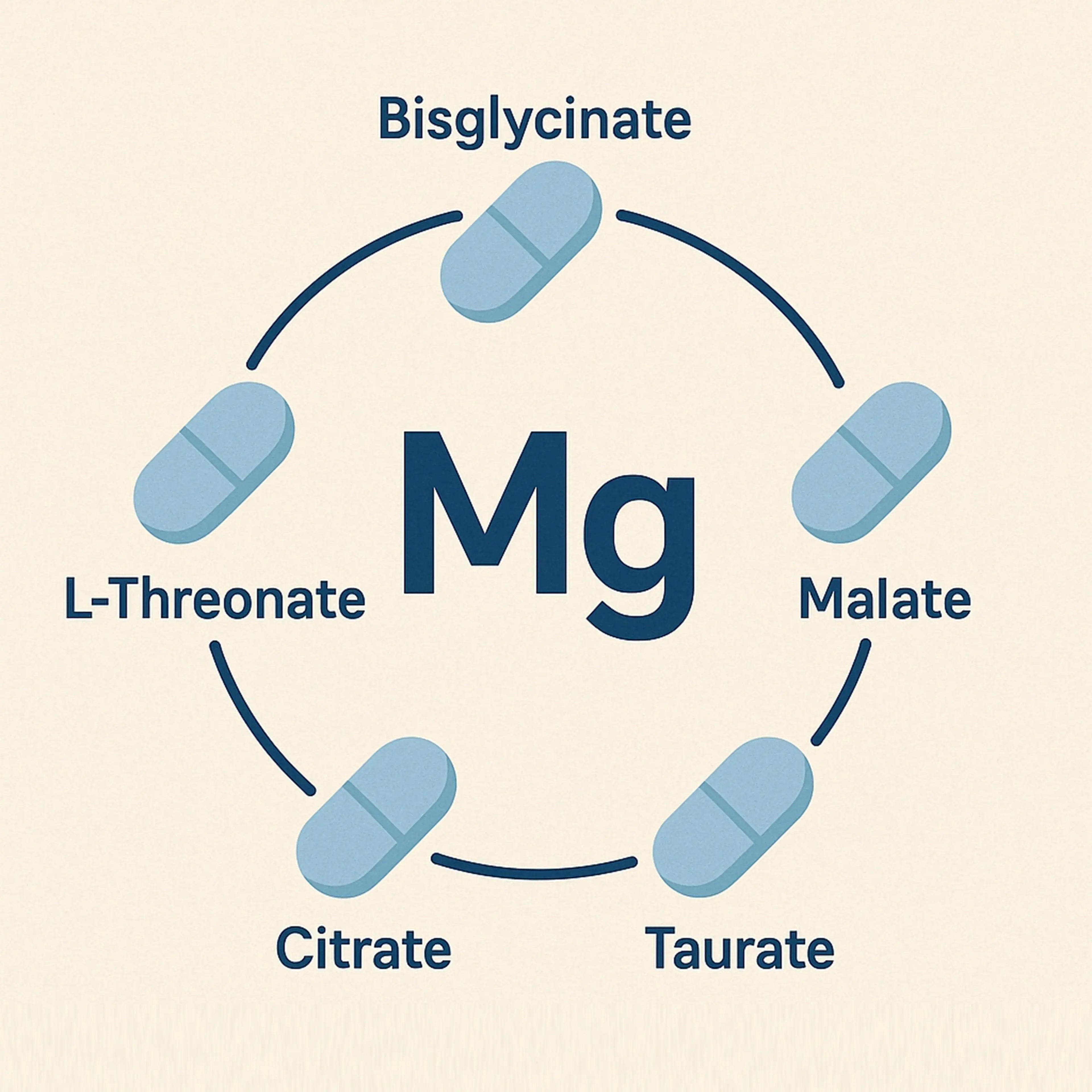 Magnesium supplement types diagram with bisglycinate, malate, taurate, citrate, amino acid chelate