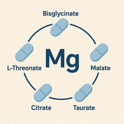 Magnesium supplement types diagram with bisglycinate, malate, taurate, citrate, amino acid chelate