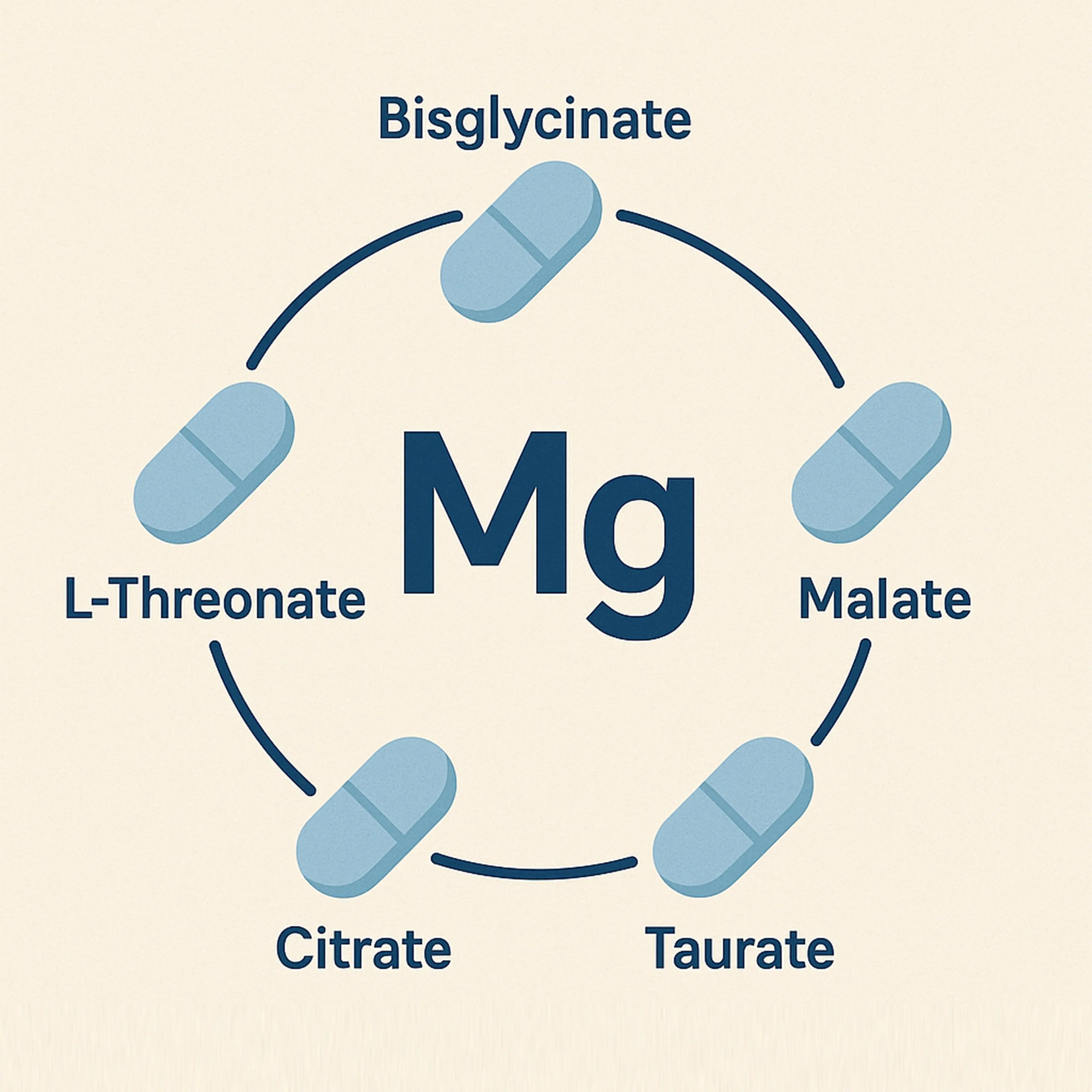 Magnesium supplement types diagram with Bisglycinate, Malate, Taurate, Citrate, L-Threonate.