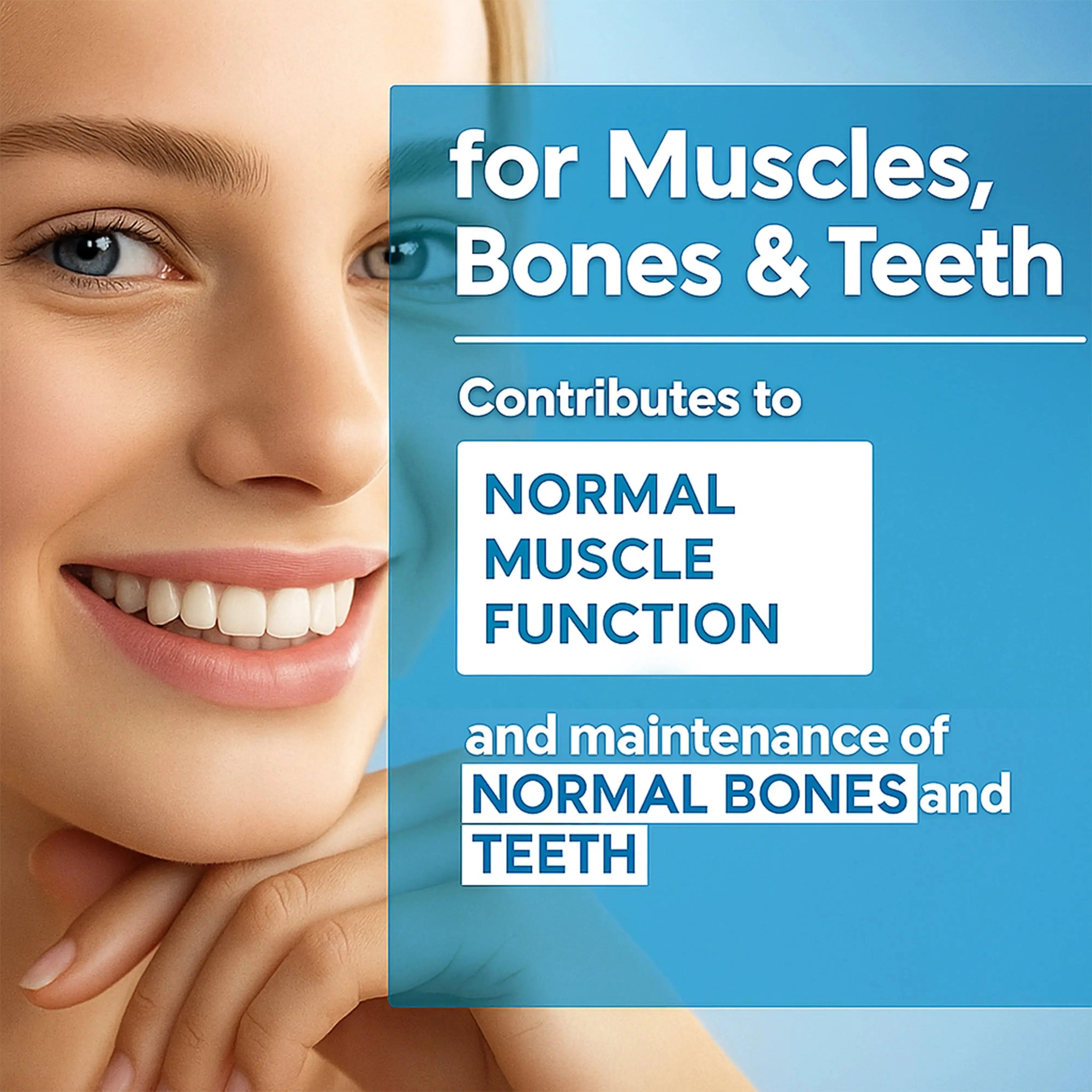 Smiling woman with text promoting supplement for muscle function, bone and teeth health