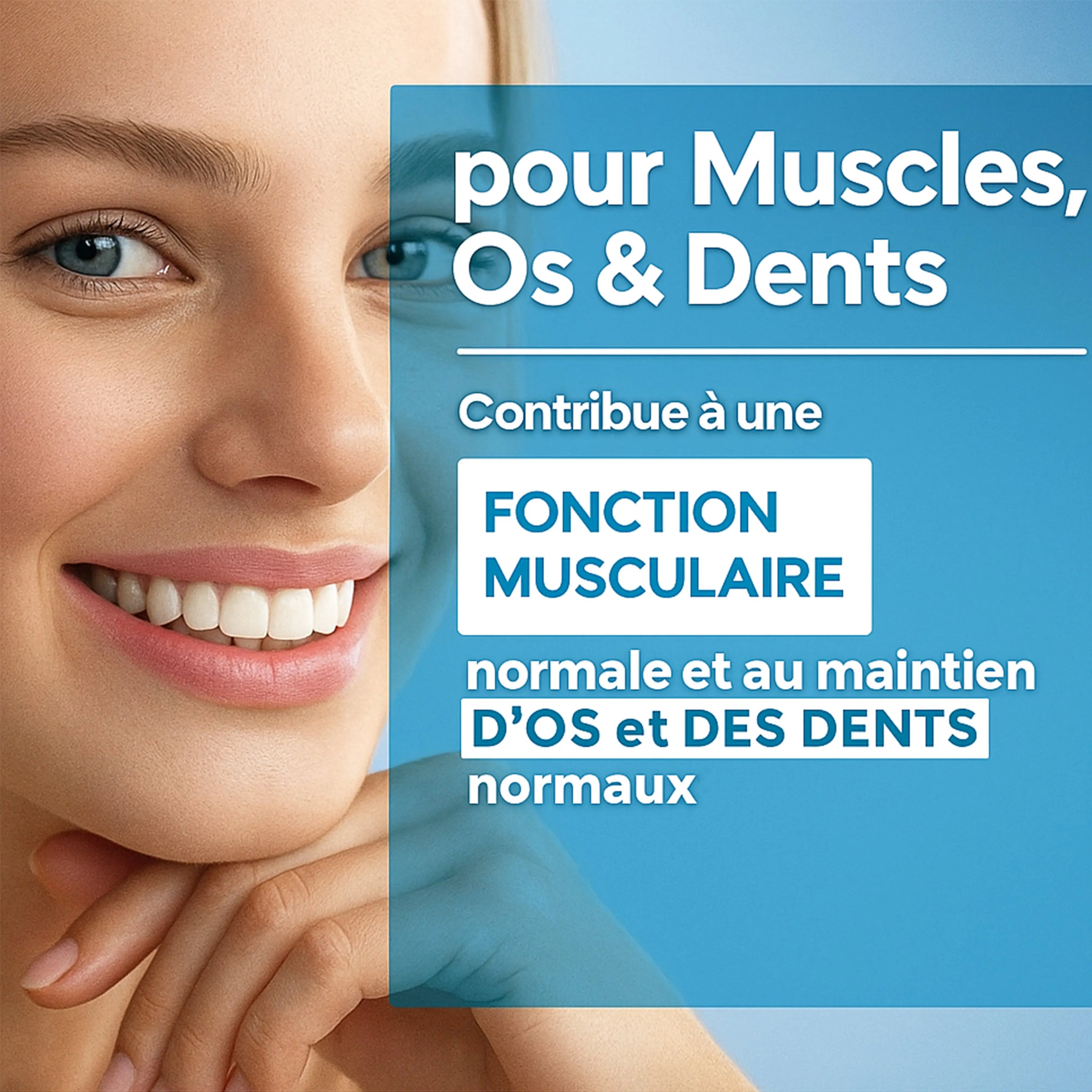 Smiling woman with healthy teeth, promotional text for muscle, bone, and dental health support.