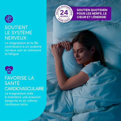 Woman sleeping peacefully in bed, wellness supplement benefits for nerves and heart highlighted in French.