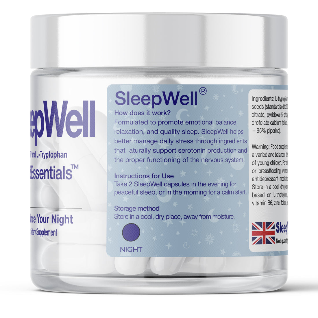 BioEssentials SleepWell – Sleep &amp; Relaxation Complex – L-Tryptophan 500mg &amp; Griffonia 5-HTP 50mg – Sleep Quality &amp; Recovery – Magnesium 160mg &amp; Vitamin B6 P-5-P + Zinc – 90 Vegan HPMC Capsules